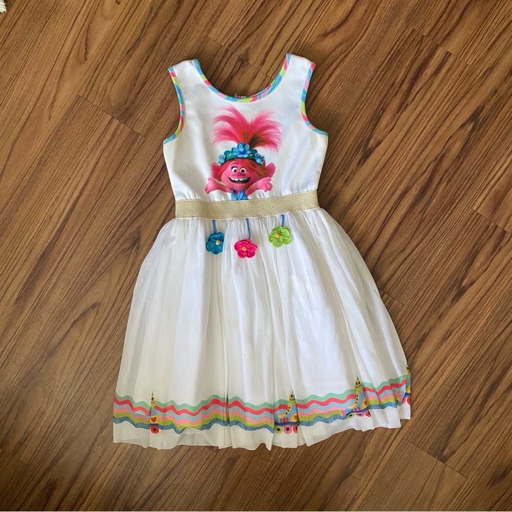 Piper and Julie Charming Trolls Dress for Kids White w/ Vibrant Accents Size8